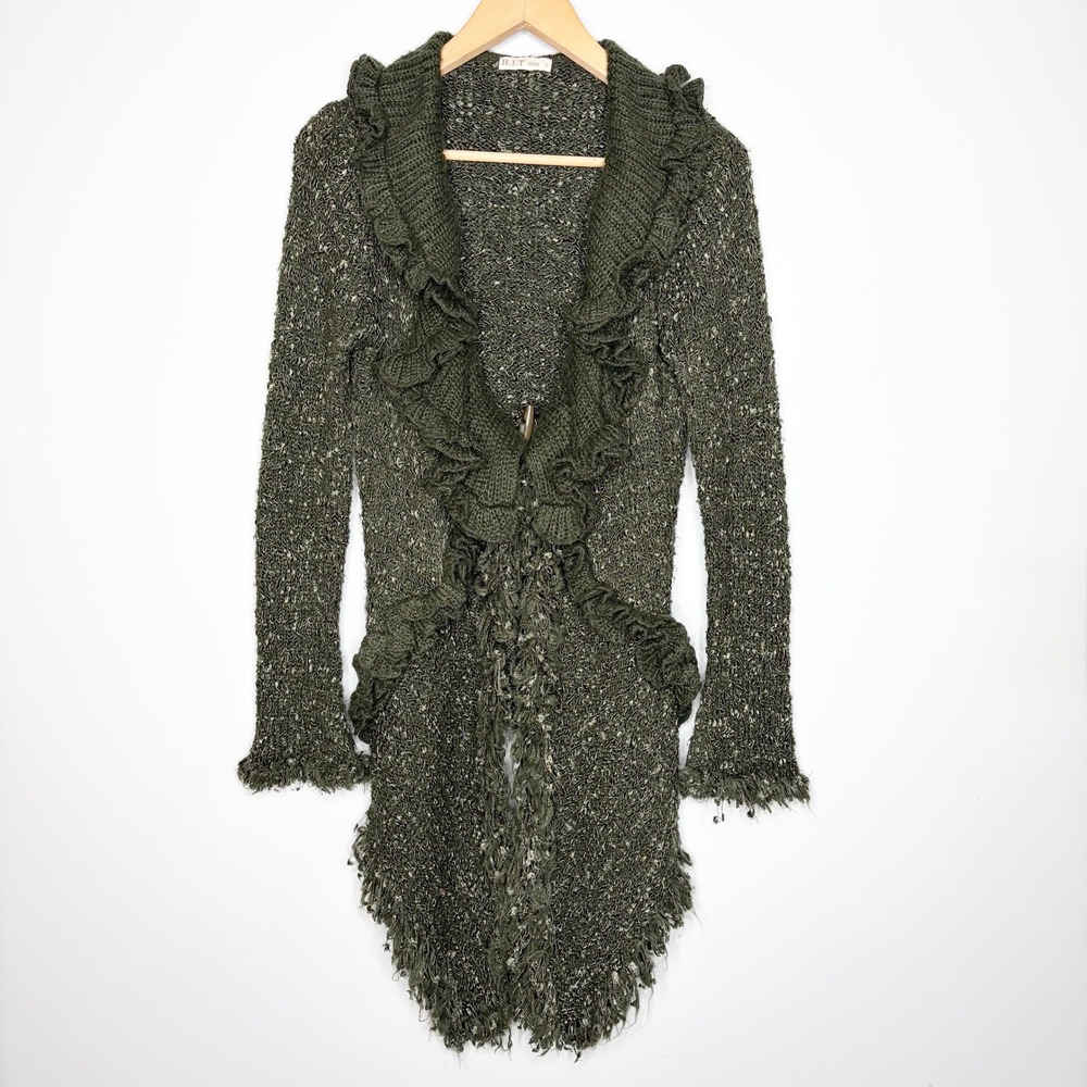 H.I.T. USA Y2K Green Ruffle Frilly Cardigan Sweater Large Fairy Boho Whimsigoth